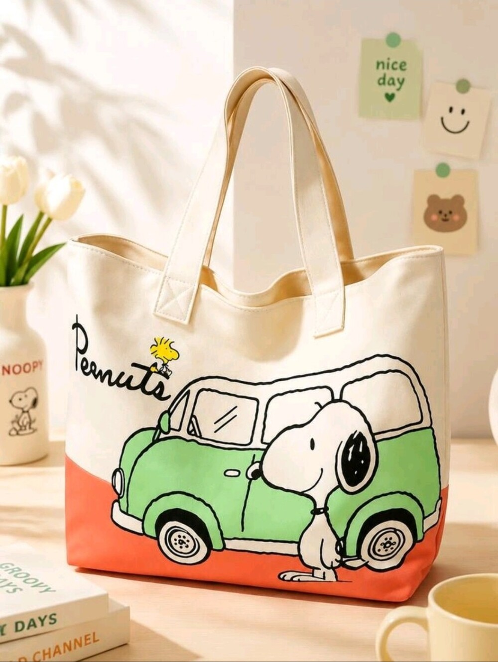 Peanuts Canvas Tote Bag with Snoopy & Woodstock — Cream, Green & Orange